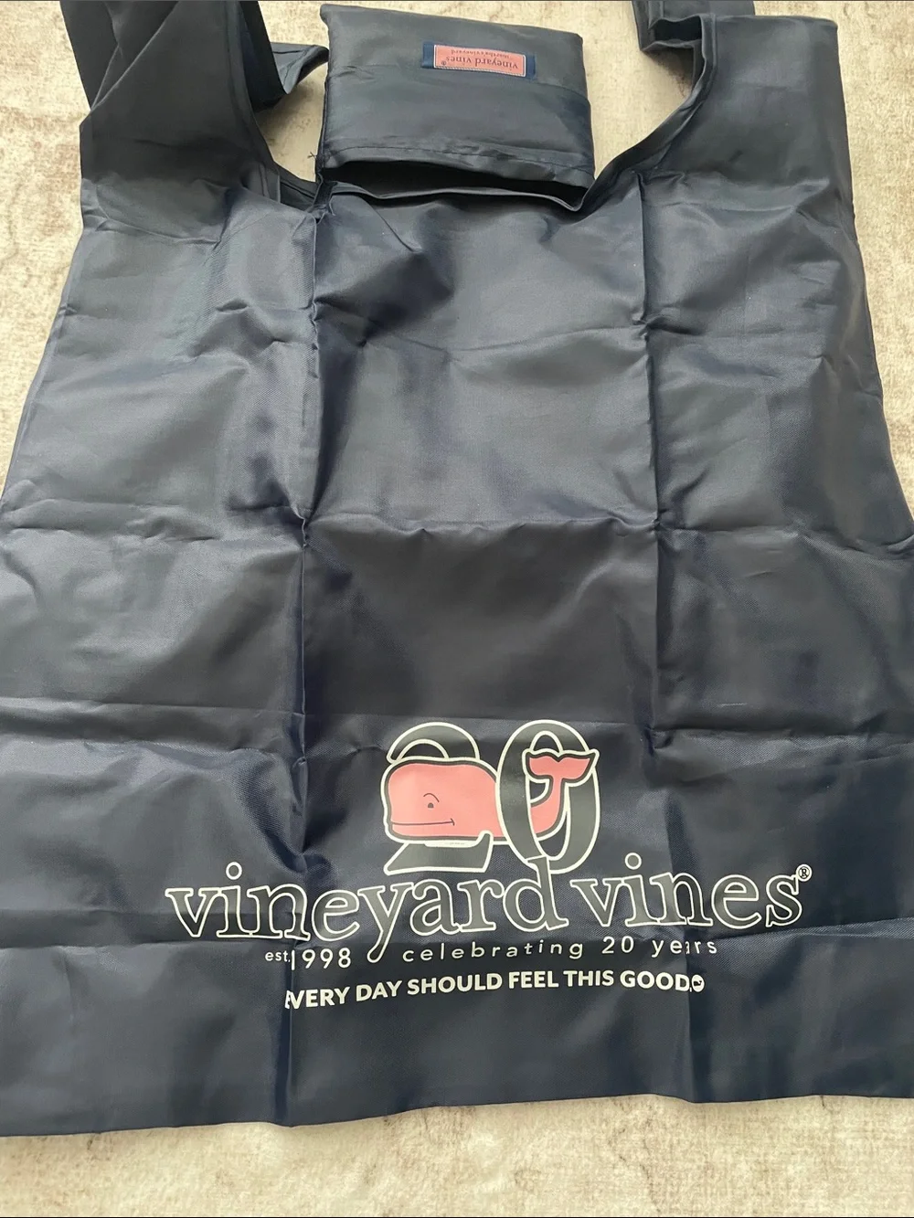 Vineyard Vines Navy Reusable Tote with Pink Whale Anniversary Logo